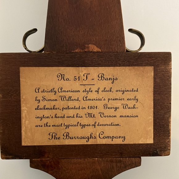 Vintage Clock The Burroughs Company — No. 51 Banjo Clock — Washington - Picture 6 of 9
